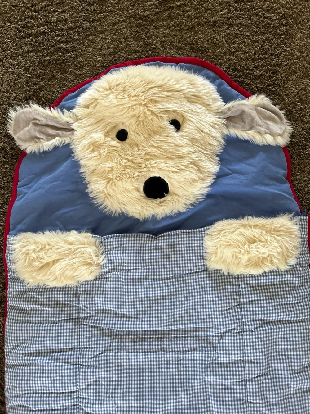 Pottery Barn Kids Shaggy Dog Sleeping Bag Blue White Check NO Monogram